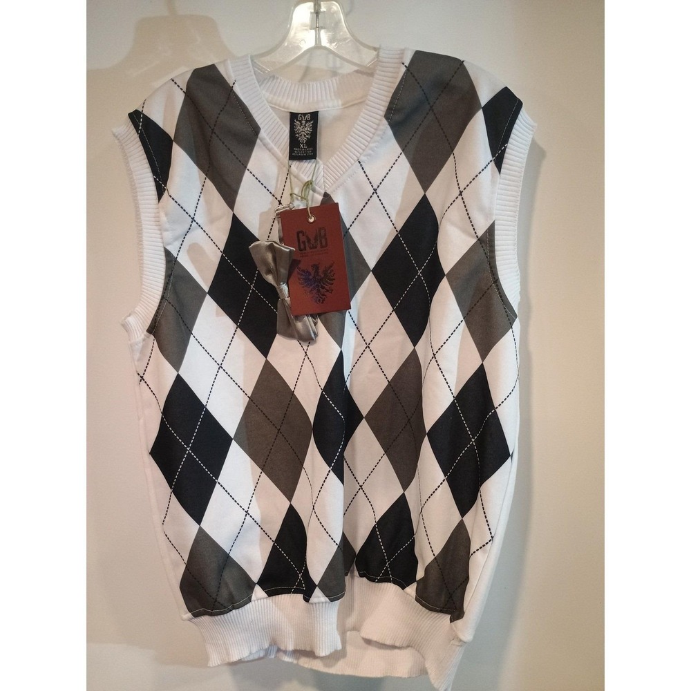 GB Argyle Sweater Vest Mens XL White Black Grey New With Bow Tie
